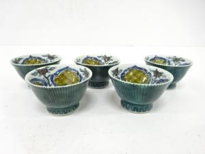 九谷焼　徳田八十吉造　色絵花　煎茶器　5客揃